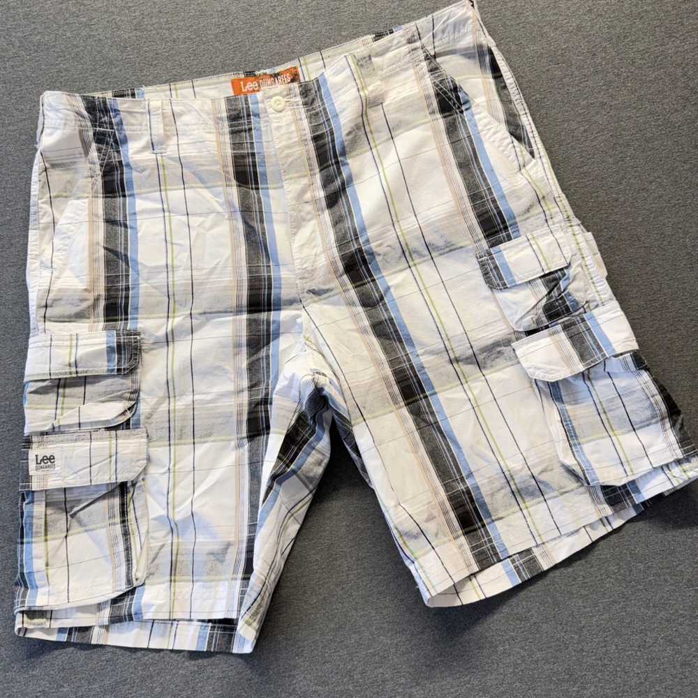 Lee Dungarees Mens Plaid Cargo Shorts Blue White Grey Size 42 2182910